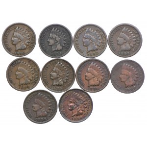 USA, zestaw 1 cent 1890-1899 Indian Head, Filadelfia (10szt.)