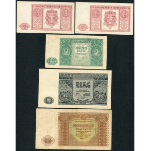 Zestaw banknotów 1, 2, 5, 10 złotych 1946 (5 szt.)