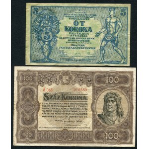 Węgry, zestaw banknotów 5 koron 1919, 100 koron 1920