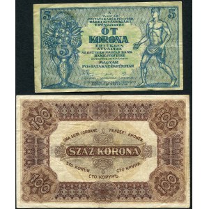 Węgry, zestaw banknotów 5 koron 1919, 100 koron 1920