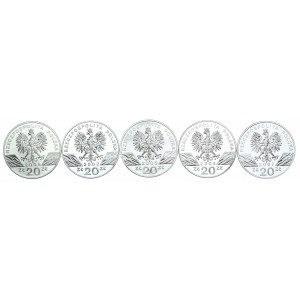 Zestaw monet, 20 złotych 2002-2007 Zwierzęta (5szt.)