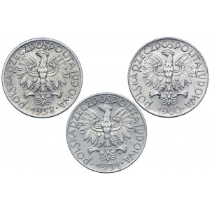 Zestaw monet, 5 złotych Rybak 1958, 1960, 1971 (3szt.)
