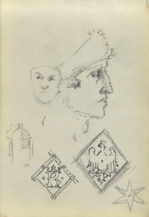 Józef PIENIĄŻEK (1888-1953), Szkice głowy w ujęciu en face i w ujęciu z profilu oraz szkic drzwi do katedry na Wawelu wraz z motywami