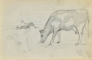 Stanisław ŻURAWSKI (1889-1976), Szkic pasącej się krowy oraz leżącej w dali pary, 1924