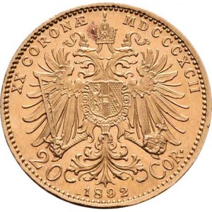 František Josef I., 1848 - 1916, 20 Koruna 1892, 6.767g, nep.hr., nep.rysky, pěkná