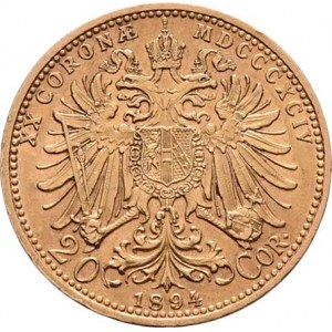 František Josef I., 1848 - 1916, 20 Koruna 1894, 6.763g, nep.hr., dr.rysky, pěkná