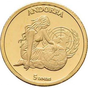 Andorra, 5 Diners 2004 - sedící žena s globem a logem OSN,