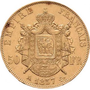 Francie, Napoleon III., 1852 - 1871, 50 Frank 1857 A, Paříž, KM.785.1 (Au900), 16.116g,