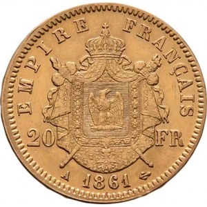 Francie, Napoleon III., 1852 - 1871, 20 Frank 1861 A, Paříž, KM.801.1 (Au900), 6.429g,