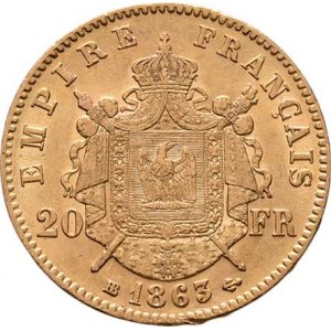 Francie, Napoleon III., 1852 - 1871, 20 Frank 1863 BB, Strasbourg, KM.801.2 (Au900),