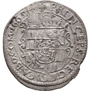 Olomouc-biskup., Karel II. Liechtenstein, 1664 - 1695, 3 Krejcar 1665, S-V.315 (C4/B1), 1.443g, exc