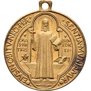 Praha - klášter Benediktinů v Emauzích, Pamětní medailka 1880 - stojící sv.Benedikt čelně,
