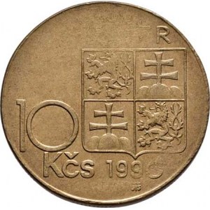 Československo 1990 - 1993, 10 Koruna 1990 - TGM, Sign.M.R (s tečkou, šikmé