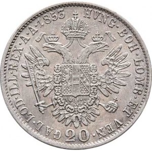 Konvenční měna, údobí let 1848 - 1857, 20 Krejcar 1853 A - hlava zprava, 4.311g, dr.hr.,