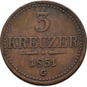 Konvenční měna, údobí let 1848 - 1857, 3 Krejcar 1851 G, 16.001g, dr.hr., dr.rysky, pěkná