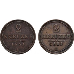 Konvenční měna, údobí let 1848 - 1857, 2 Krejcar 1851 B - malá a velká značka mincovny,