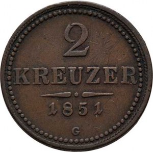 Konvenční měna, údobí let 1848 - 1857, 2 Krejcar 1851 G, 10.647g, dr.hr., dr.rysky, pěkná