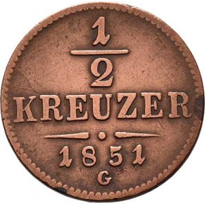 Konvenční měna, údobí let 1848 - 1857, 1/2 Krejcar 1851 G, 2.789g, dr.hr., nep.rysky,