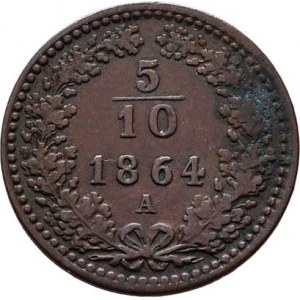 Rakouská a spolková měna, údobí let 1857 - 1892, 5/10 Krejcaru 1864 A, 1.588g, skvrna, patina R!