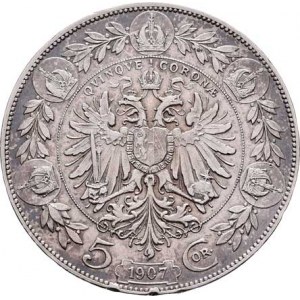 Korunová měna, údobí let 1892 - 1918, 5 Koruna 1907, 23.992g, 2x hr., dr.rysky, patina
