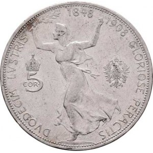 Korunová měna, údobí let 1892 - 1918, 5 Koruna 1908 - jubilejní, 23.878g, dr.hr., dr.rysky,