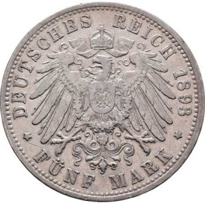 Badensko, Friedrich I., 1856 - 1907, 5 Marka 1893 G, Karlsruhe, KM.268 (Ag900), 27.698g,