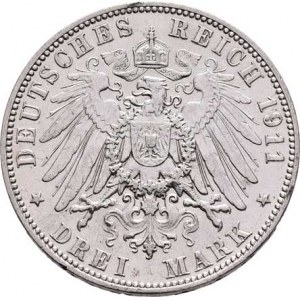 Sasko, Friedrich August III., 1904 - 1918, 3 Marka 1911 E, Drážďany, KM.1267 (Ag900), 16.625g,