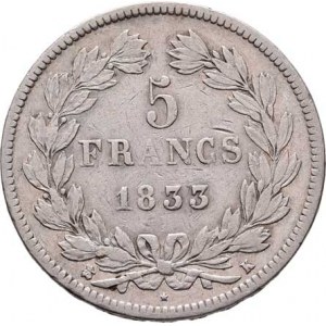 Francie, Ludvík Filip, 1830 - 1848, 5 Frank 1833 K, Bordeaux, KM.749.7 (Ag900), 24.793g,