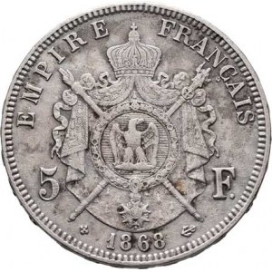 Francie, Napoleon III., 1852 - 1871, 5 Frank 1868 BB, Strasbourgh, KM.799.2 (Ag900),