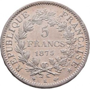 Francie, III.republika, 1871 - 1940, 5 Frank 1875 K, Bordeaux, KM.820.2 (Ag900), 24.883g,