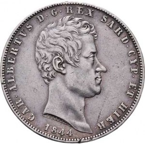 Itálie - Sardinie, Carlo Alberto, 1831 - 1849, 5 Lira 1844, zn.P+kotva, Janov, Cr.113.3 (Ag900),