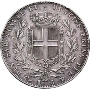 Itálie - Sardinie, Carlo Alberto, 1831 - 1849, 5 Lira 1844, zn.P+kotva, Janov, Cr.113.3 (Ag900),