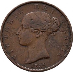 Man, Victoria, 1837 - 1901, 1/2 Penny 1839, KM.13 (Cu), 9.121g, dr.vady mater.,