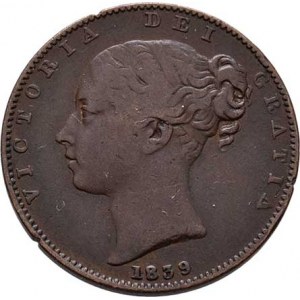 Man, Victoria, 1837 - 1901, Farthing 1839, KM.12 (měď), 4.605g, na hraně tři
