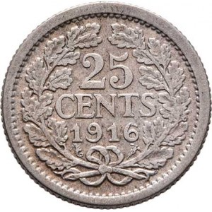 Nizozemí, Wilhelmina, 1890 - 1948, 25 Cent 1916, KM.146 (Ag640), 3.556g, nep.hr.,