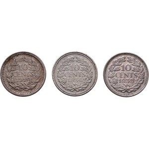 Nizozemí, Wilhelmina, 1890 - 1948, 10 Cent 1918, 1934, 1939, KM.145,163 (Ag640), 1.394g,