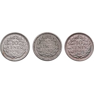 Nizozemí, Wilhelmina, 1890 - 1948, 10 Cent 1925, 1936, 1941, KM.145,163 (Ag640), 1.390g,