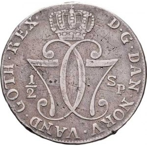 Norsko pod Dánskem, Christian VII., 1766 - 1808, 1/2 Speciesdaler 1777 HIAB, Kongsberg, KM.252 (Ag8