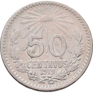 Mexiko, republika, 1867 -, 50 Centavos 1919 Mo, Mexiko, KM.447 (Ag720), 8.105g,