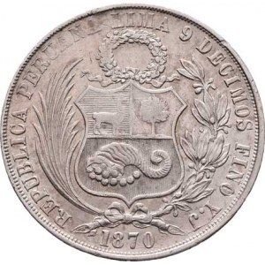 Peru, republika, 1822 -, Sol 1870 YJ, Lima, KM.196.3 (Ag900), 24.909g,