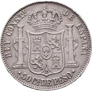 Filipiny, Alfonso XII., 1874 - 1885, 50 Centimos 1885, KM.150 (Ag835), 12.941g, dr.hr.,
