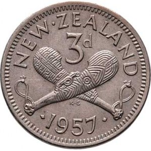 Nový Zéland, Elizabeth II., 1952 -, 3 Pence 1957, KM.25.2 (CuNi), 1.457g, pěkná patina