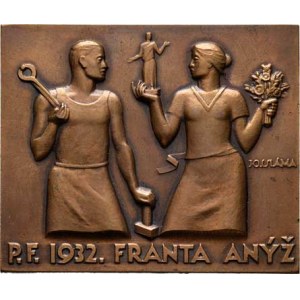 Praha - novoročenky firmy Franta Anýž, Sláma Josef - PF 1932 - dělník s nástroji a žena se