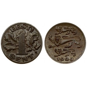 Estonia 1 Sent 1929. Averse: Three leopards left above date. Reverse: Denomination oak leaves in background...