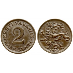 Estonia 2 Senti 1934 Averse: Three leopards left above date. Reverse: Denomination. Edge Description: Plain. Bronze...