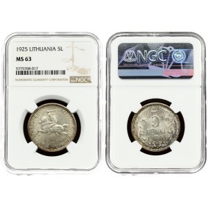 Lithuania 5 Litai 1925 Averse: National arms. Reverse: Value within flowered flax wreath. Edge Description: Milled...