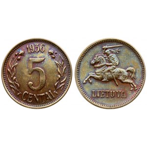 Lithuania 5 Centai 1936 Averse: National arms. Reverse: Large value within wreath date on top. Edge Description: Plain...
