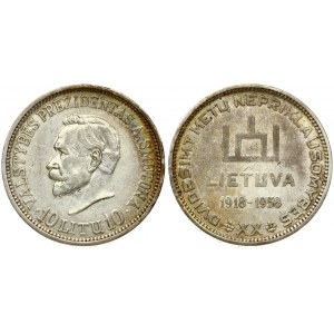 Lithuania 10 Litų (1918-1938) 20th Anniversary of Republic. Averse: Columns of Gediminas above LIETUVA and dates 1918...