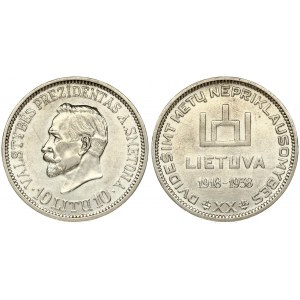 Lithuania 10 Litų (1918-1938) 20th Anniversary of Republic. Averse: Columns of Gediminas above LIETUVA and dates 1918...