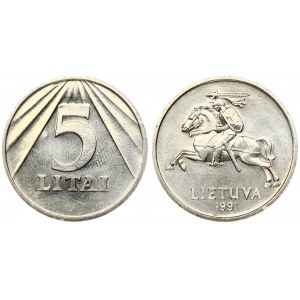 Lithuania 5 Litai 1991 Averse: National arms. Reverse: Value within design. Edge Description: Reeded. Copper-Nickel...